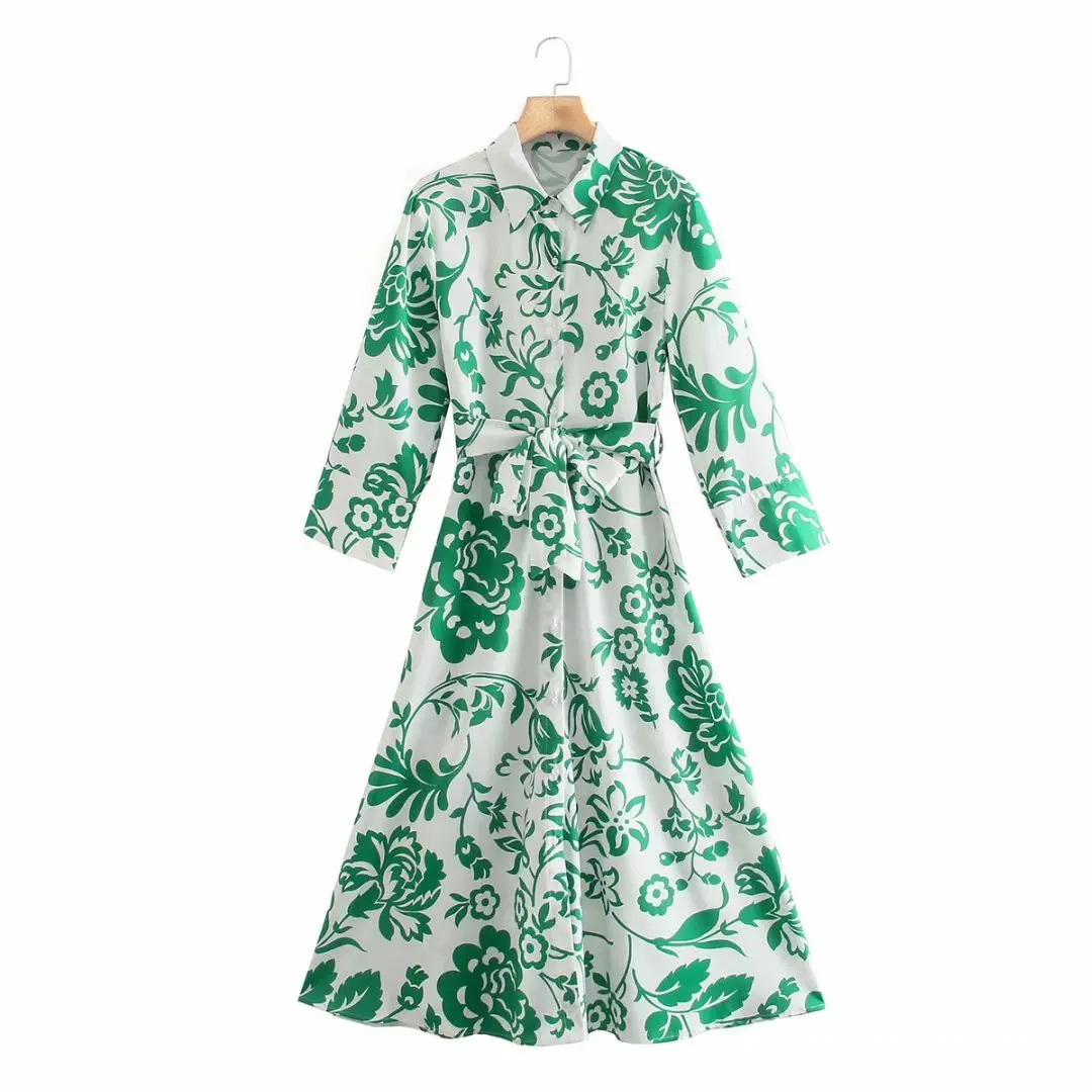 

2021 ZaElegantWomen Vintage Midi Dress Chic Green FloralLong Sleeve Sashes A-LinePrint Shirt Dress