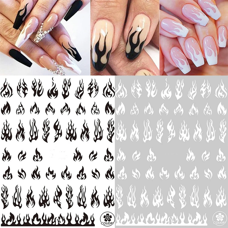 

Back Glue Stickers Black White Gold Silver Flames Nail Decals Decoration For Nail Art Manicure Beauty