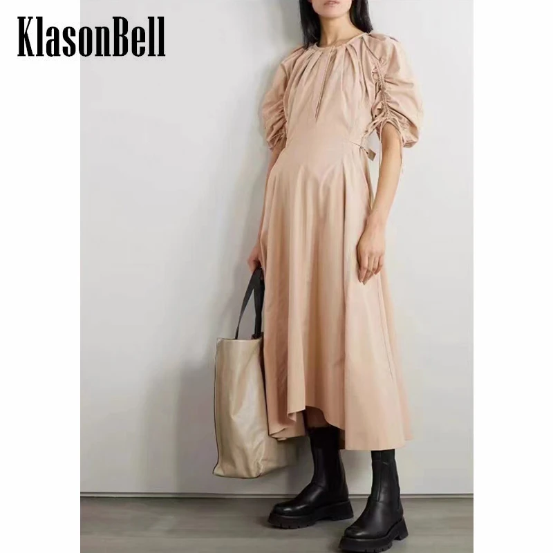 6.21 KlasonBell Fashion Puff Sleeve Drawstring Adjustable Strap Collect Waist Midi Dress Women