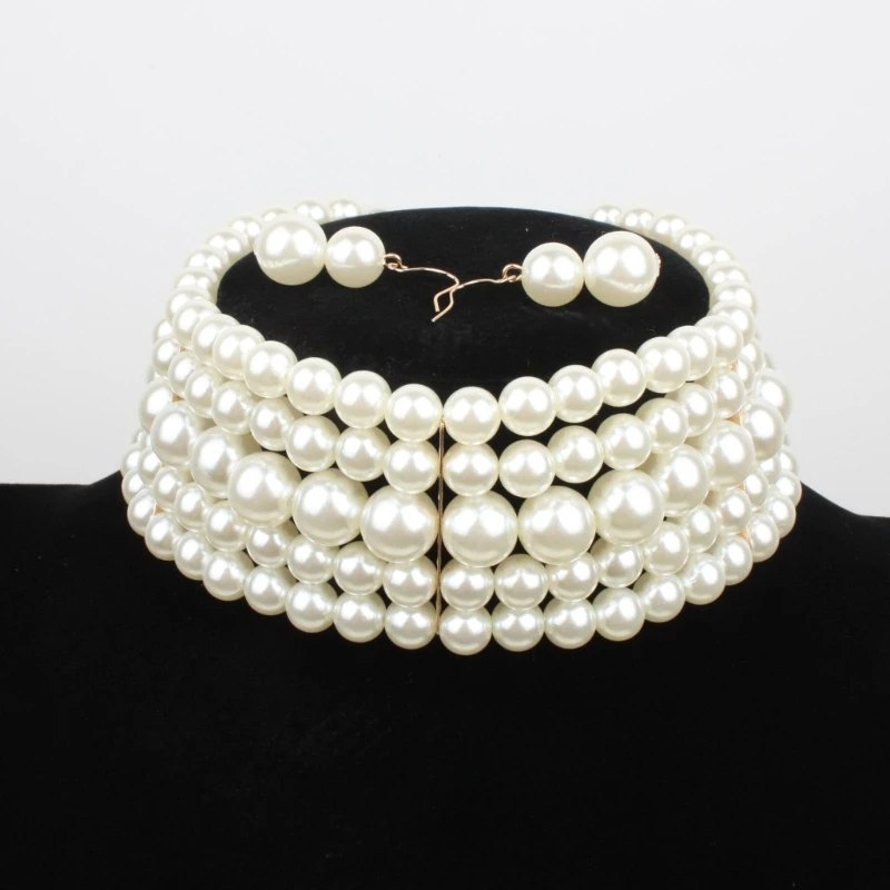

2024 New Simulated Pearl Necklaces and Earrings Set Bridal Choker Necklace Fashion Accessories Multi-Layer Pearl Necklace