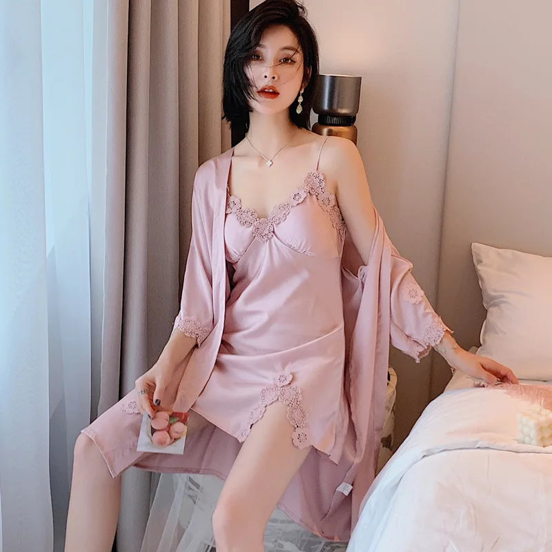 Women's Sleepwear 2 Pcs Sets Velvet Sleepwear Striped Robe Nightgown and Backless Sleep Dress Pajamas Set