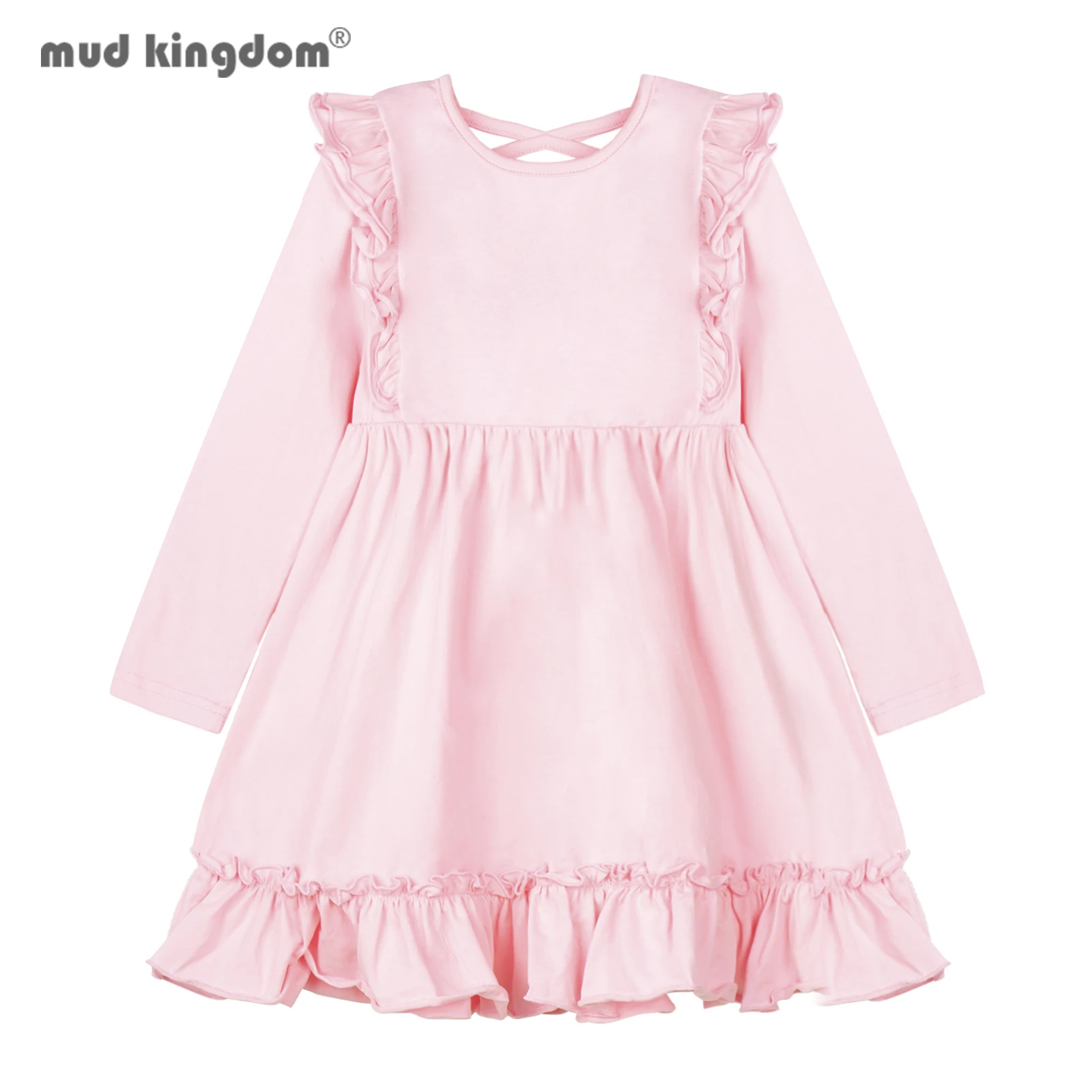 

Mudkingdom Big Girls Dresses Backless Ruffle Plain Casual Long Sleeve Girls' Dress for Girl Clothes Cotton Toddler Clothing