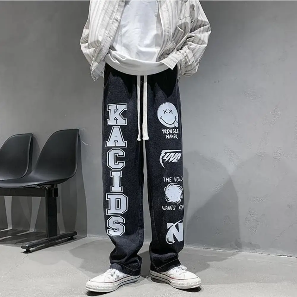 Men Street Hip Hop Trousers High Street Trend Ins Trend Retro Jeans Men Loose Straight Wide Leg Pants Printed Letter