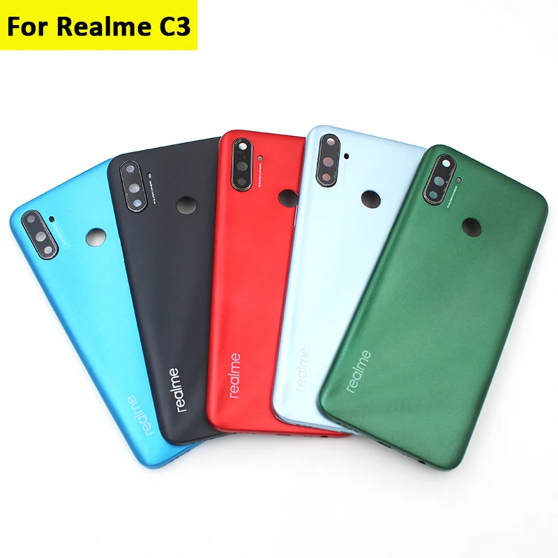 

Новинка, Крышка батарейного отсека для Realme C3, задняя дверь, панель, чехол, запасные части для Realme C 3 с объективом камеры и боковым ключом