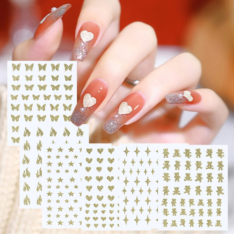 

8*10cm Crusher Platinum Star Dance Bear Stickers Broken Flash Butterfly,Fire,Heart 3D Decal Gold Nail Art Glitter Sticker 1PCS