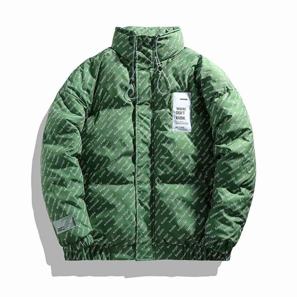 Down Padded Jacket Hooded Parka Men Letter Hip Hop Streetwear Winter Casual Retro Outwear Warm Cotton Coat Women New