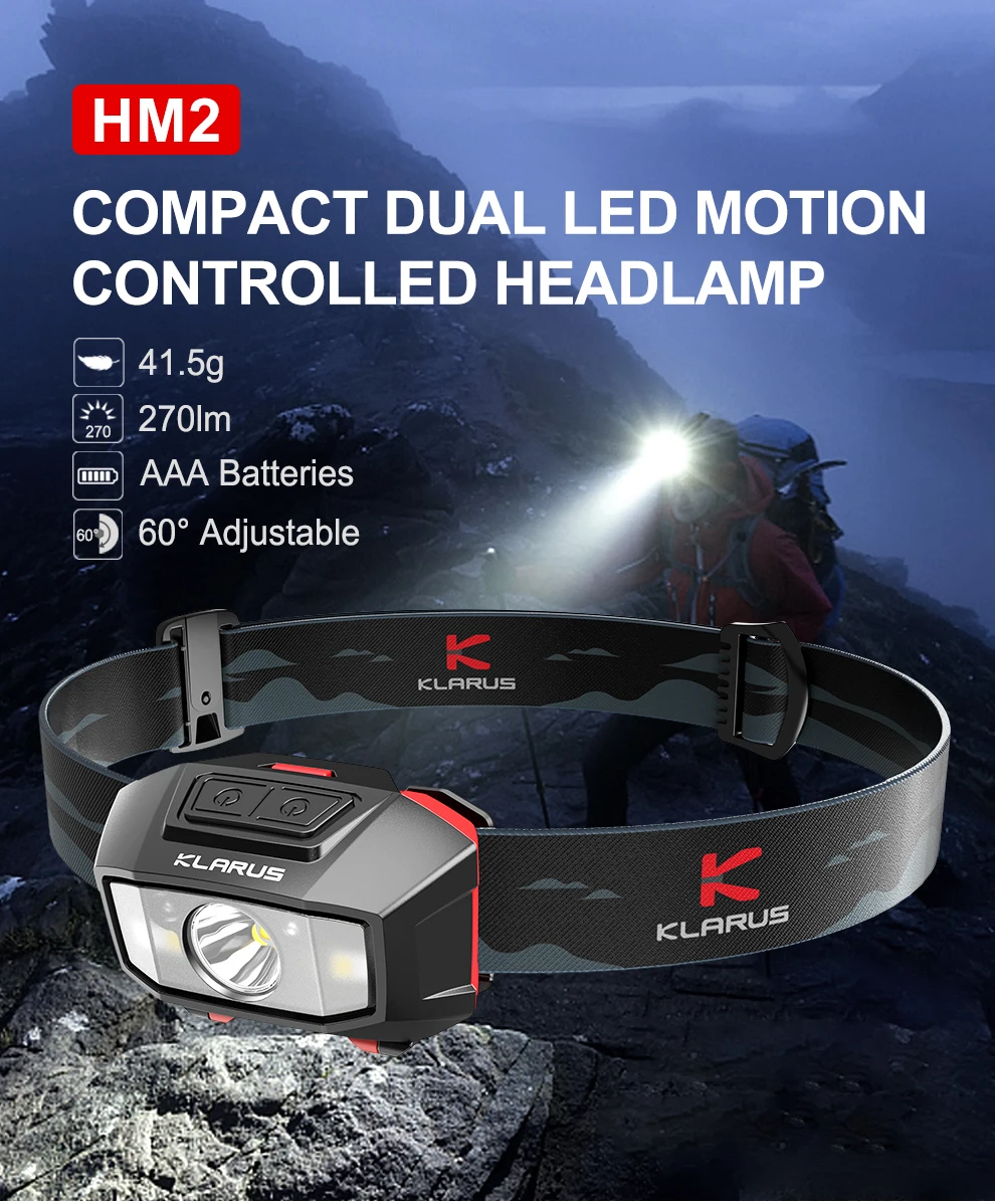 Klarus HM2 Motion Controlled Headlamp 270Lumens Dual LED Headlight Power By AAA Battery Protable Camping Lantern images - 6