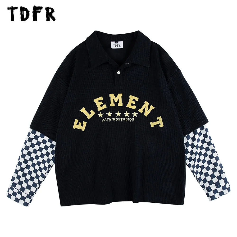 Letter Long Sleeve Polo Shirt Mens Autumn Patchwork Fake Two Pieces Casual Loose Waffle Texture Top Men