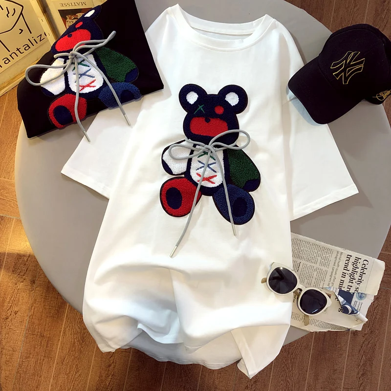 

Cartoon Embroidered Three-dimensional Mid-length Summer new Women's Short-sleeved T-shirt Women's Fashion Loose Top