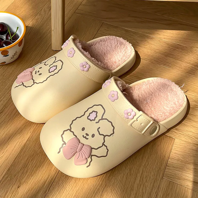 Indoor Winter Women Home Cotton Slippers Waterproof Short Plush Slides Cartoon Rabbit Memory Foam Fur Hairy Warm Ladies Shoes