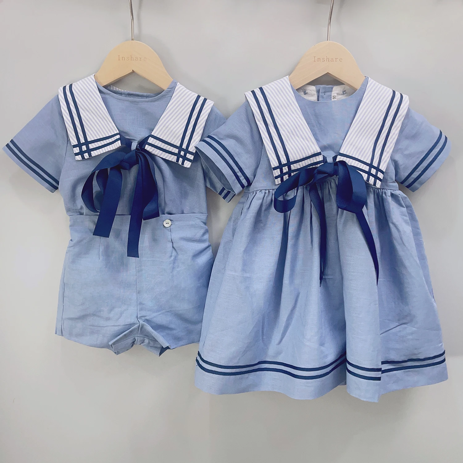 Boy Girls Sailor Suit Short Blue Navy Uniform Striped Tie Set Dress Classic Retro Cotton Linen Siblings Outfit Birthday Clothing