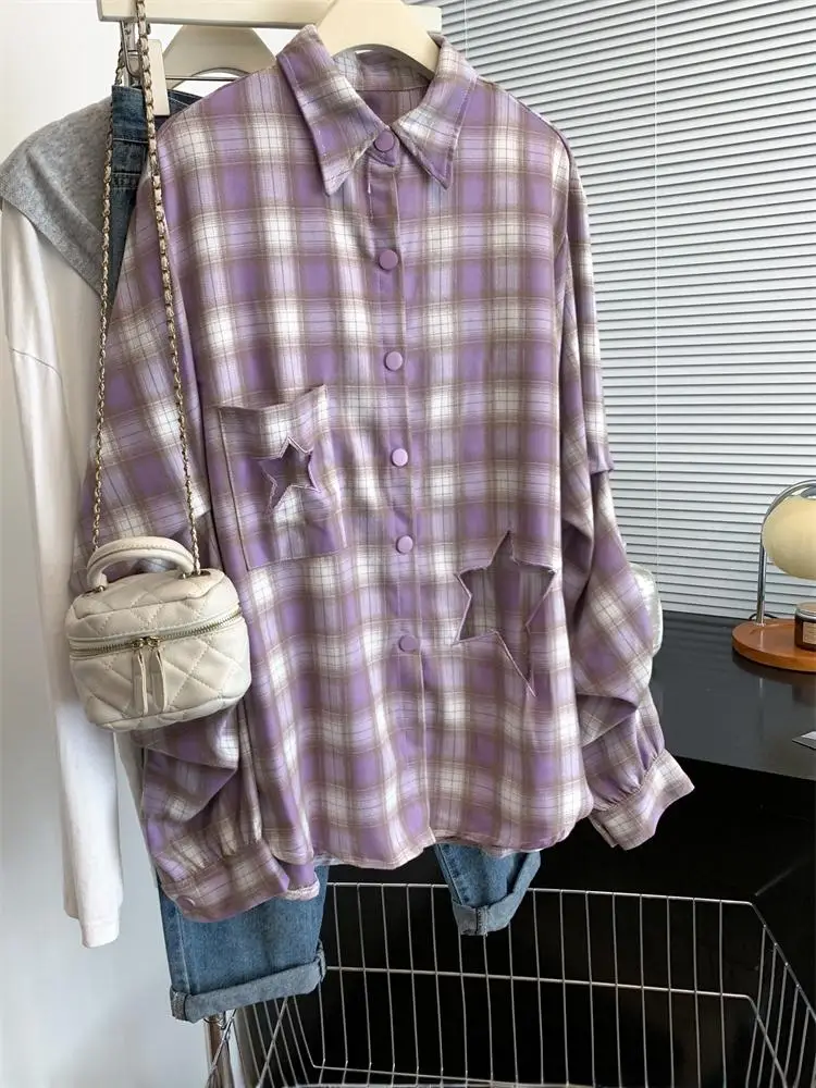 Fat Sister Plus size Design Sense XINGX Рубашки в клетку с вырезами Верхняя одежда для женщин Весна