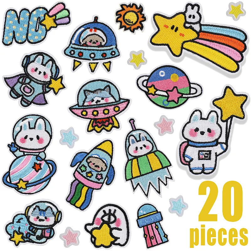 

Embroidery Iron On Patches For Clothing Stickers Sewing Patch Sticker Cute Rabbit Embroidered Spaceship Patch Five-pointed Star
