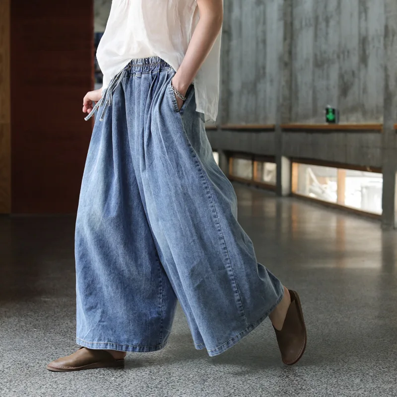 High Waist Jeans Female Spring Autumn Made Old Wash Denim Lace Up Wide Leg Pants Literary Loose Trouser Skirt Large Slim Pants