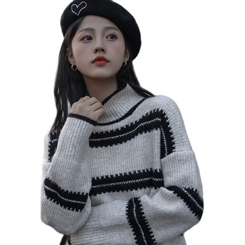 

Вязаный пуловер, женский свитер в полоску, свитеры с круглым вырезом и ложным воротником, свитеры, топы, женская одежда, зимняя свободная