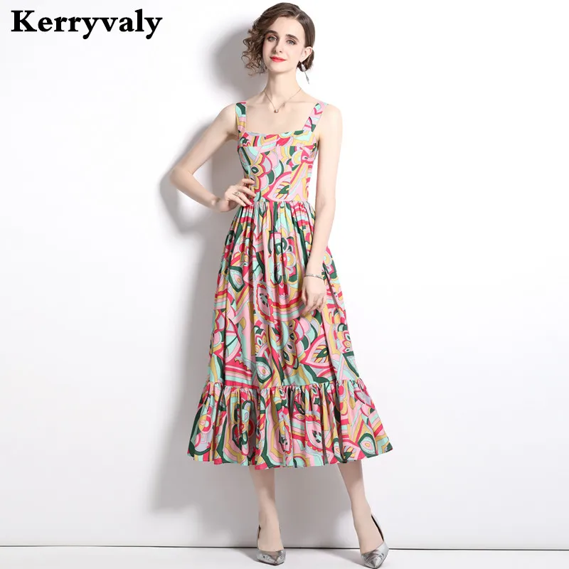 

Bohemian Holiday Vintage Summer Beach Dress Zomer Jurkjes Dames 2022 Large Pendulum Sleeveless Catwalk Sling Print Dress K6161
