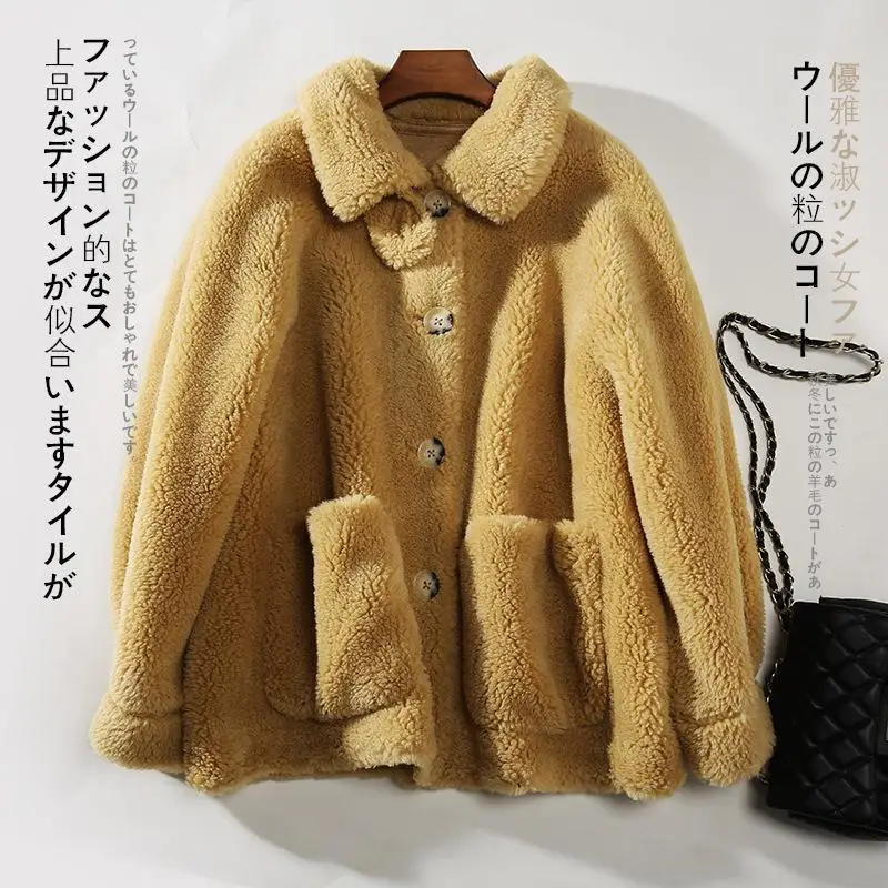 Winter New Woman Turn Down Collar Real Fur Jackets Female Clothing Wild Coats Wool Outerwear Thick Wram Loose Solid Fluffy Tops