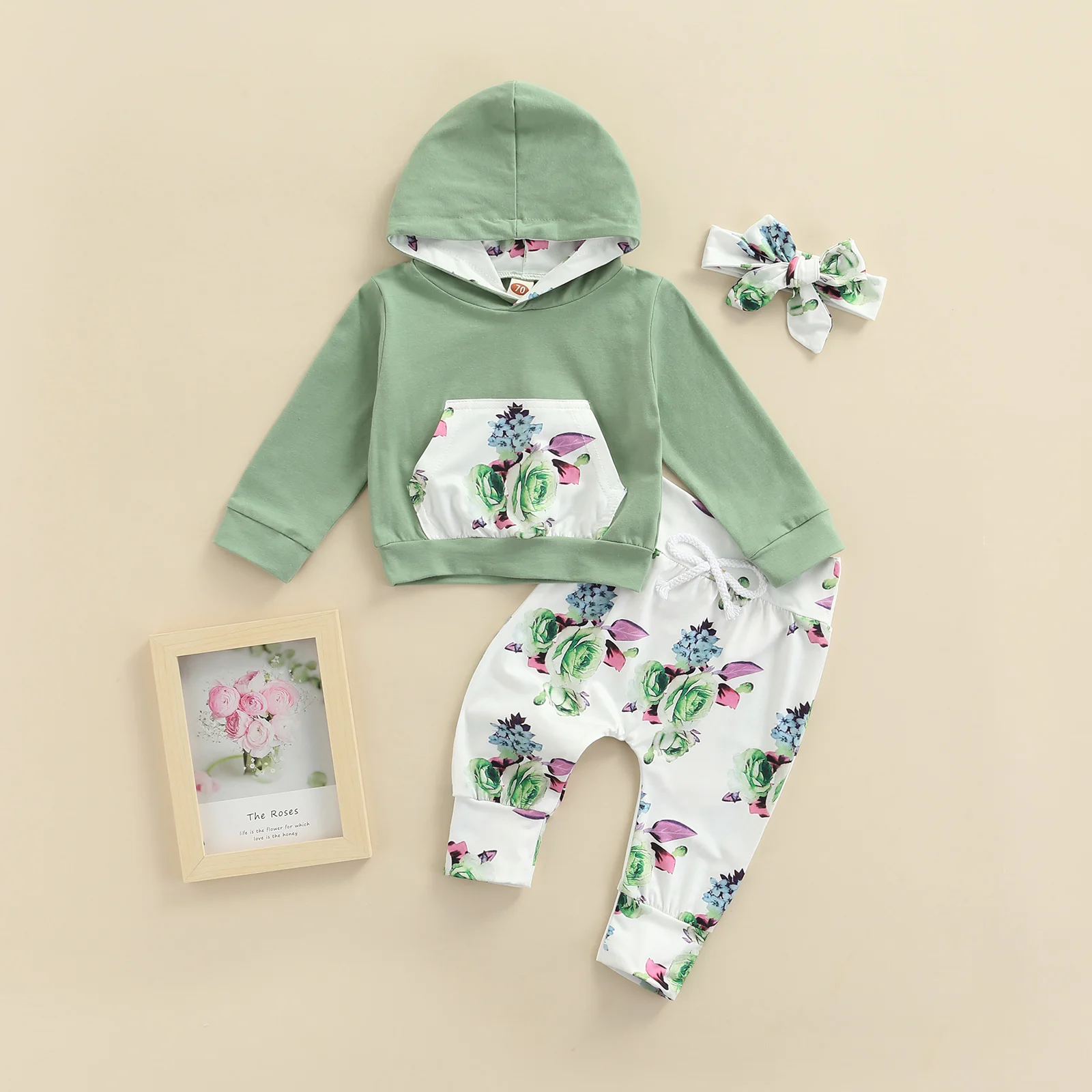 

Baby Toddler Girl Stylish Outfits Printed Pocket Long Sleeve Hooded Tops + Floral Print Long Pant + Headband 3Pcs Clothes Sets