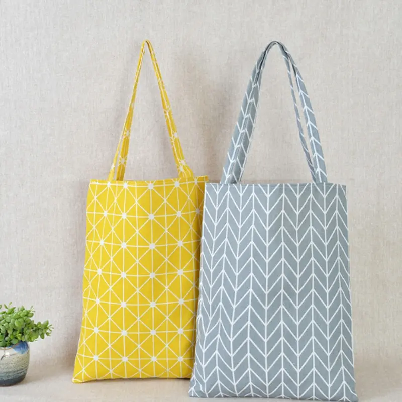 

5 Styles Grid Striped Handbag Linen Plaid Tote Women Fashion Casual Canvas Shoulder Bag