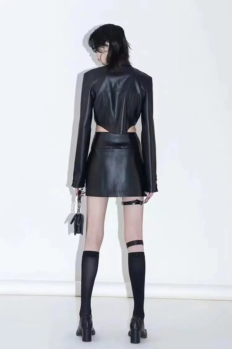 MOLAN Black Woman Leather Short Jacket Za Fashion PU Coat Singal Breasted Chic Pockets High Street Outwear Top Female PU Coat