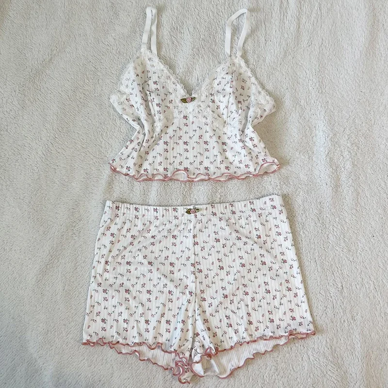 Coquette Floral Pajama Matching Sets Women 2 Pieces Lace Trim V Neck Crop Tops Camis + Shorts Outfits Fairy Y2K Cute Sleepwear