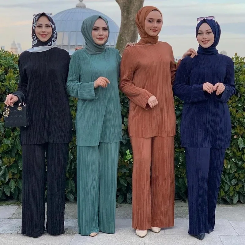 Elegant Middle East Southeast Asia Arab Women's clothing Long Sleeves Pleat Muslim Two Pieces Set Fashion Dubai Islamic Outfits