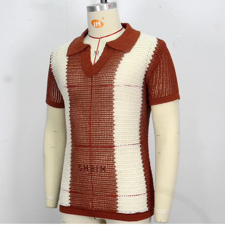 Международная торговля мужской летний тонкий вырез лоскутный цветной вязаный