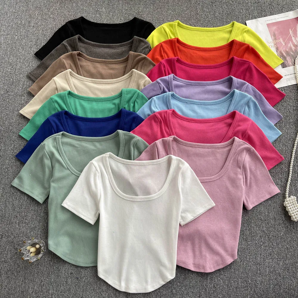 

Кроп-Топ женский хлопковый с квадратным вырезом и коротким рукавом