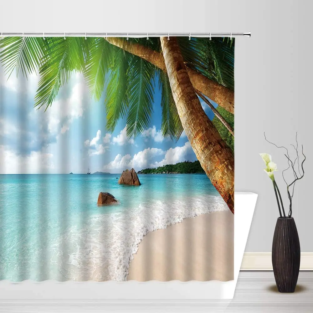 resort scenery shower curtains ocean tropical plants trees swimming pool 3d printed waterproof fabric bathroom decor curtain set free global shipping