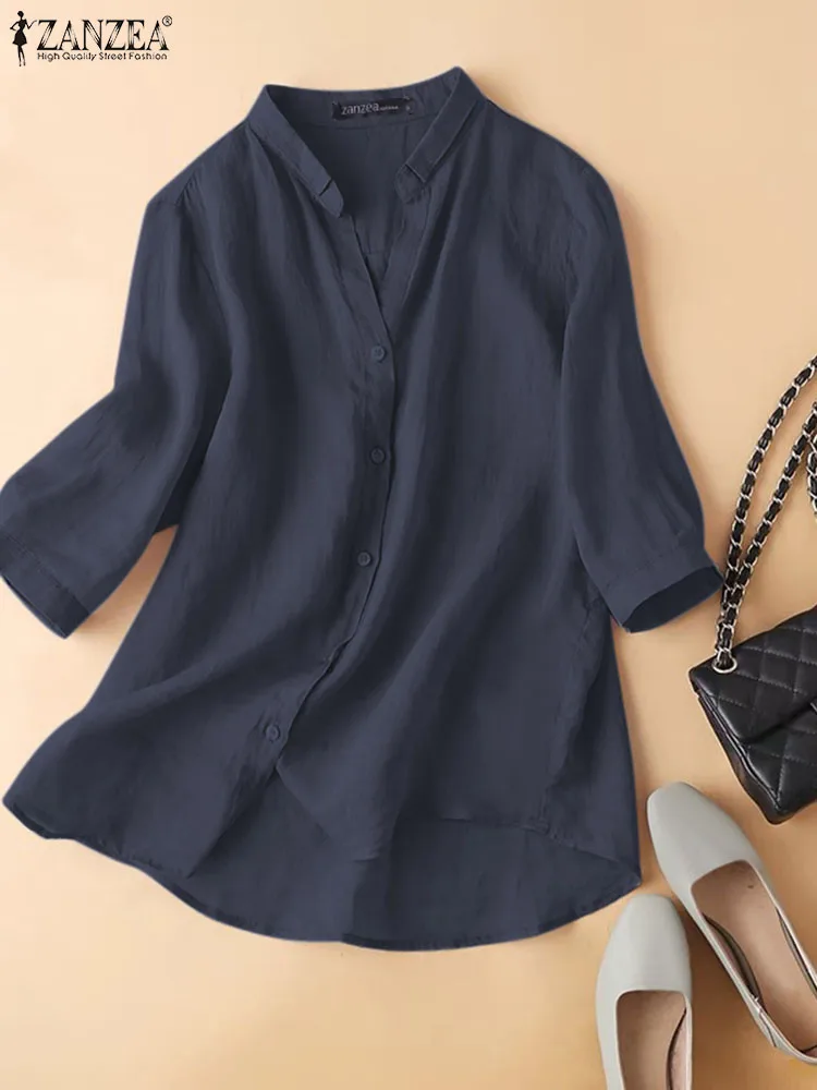 

Fashion Women Lapel Neck 3/4 Sleeve Solid Shirt 2023 ZANZEA Summer Blouse Causal Loose Cotton Blusas Female Buttons Down Tops