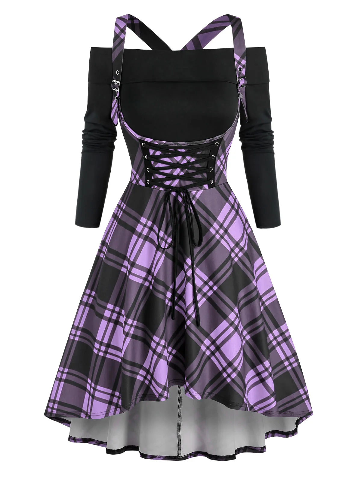 

Винтажная футболка с открытыми плечами и клетчатое платье с перекрещивающимися бретелями на шнуровке, комплект из двух предметов, асимметр...