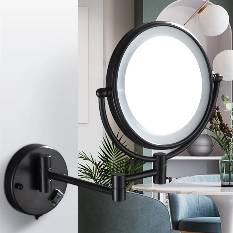 Espejos de maquillaje para montaje en pared, espejo de luz LED de doble cara, plegable, con aumento de 3 x 5x 10x, color negro