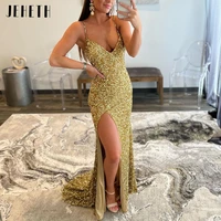 jeheth sequin evening dresses long luxury 2022 party gowns with high slit sexy backless mermaid prom dresses for women with trai