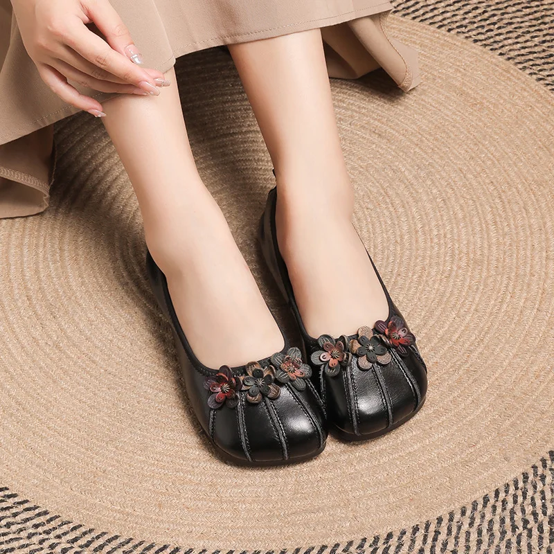 Xiuteng 2022 Summer Cow Leather Retro Mother Shoes Soft Bottom Small Single Shoes Handmade Cowhide Flower Dancing  Shallow Flats