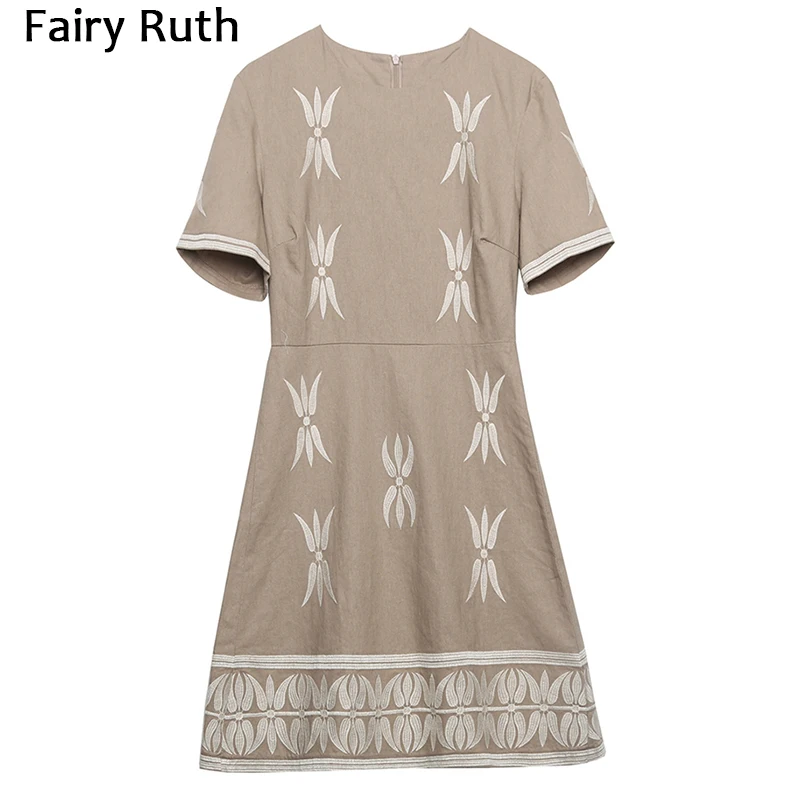 

2022 Summer New Women Embroidery Cotton Mini Dress Vintage O Neck Short Sleeves Zipper Female French Style Casual Loose Dresses