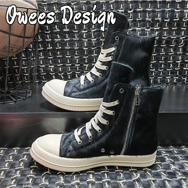 Owees Design Конский мех Geobasket Высокие роскошные кроссовки Мужчины Черные кожаные