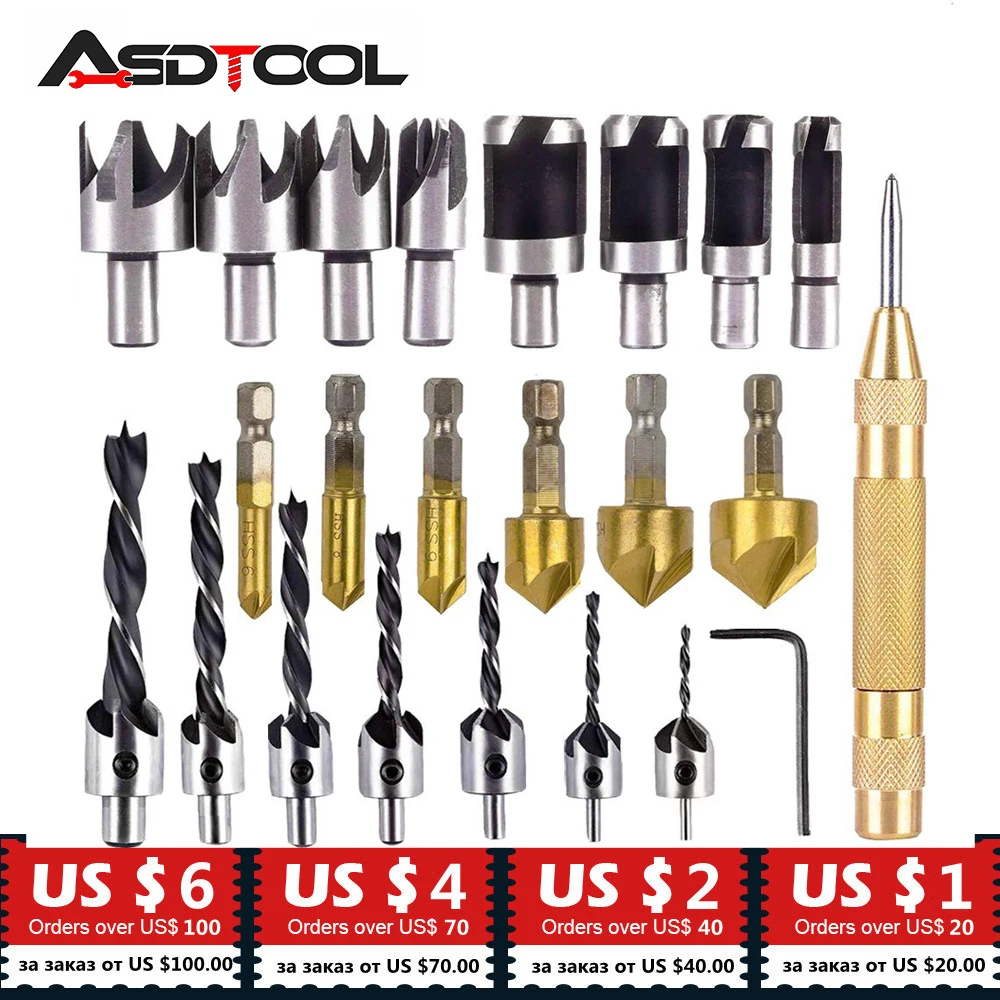 

23-Pack Woodworking Chamfer Drilling Tool Countersink Drill Bits Wood Plug cutter and Automatic