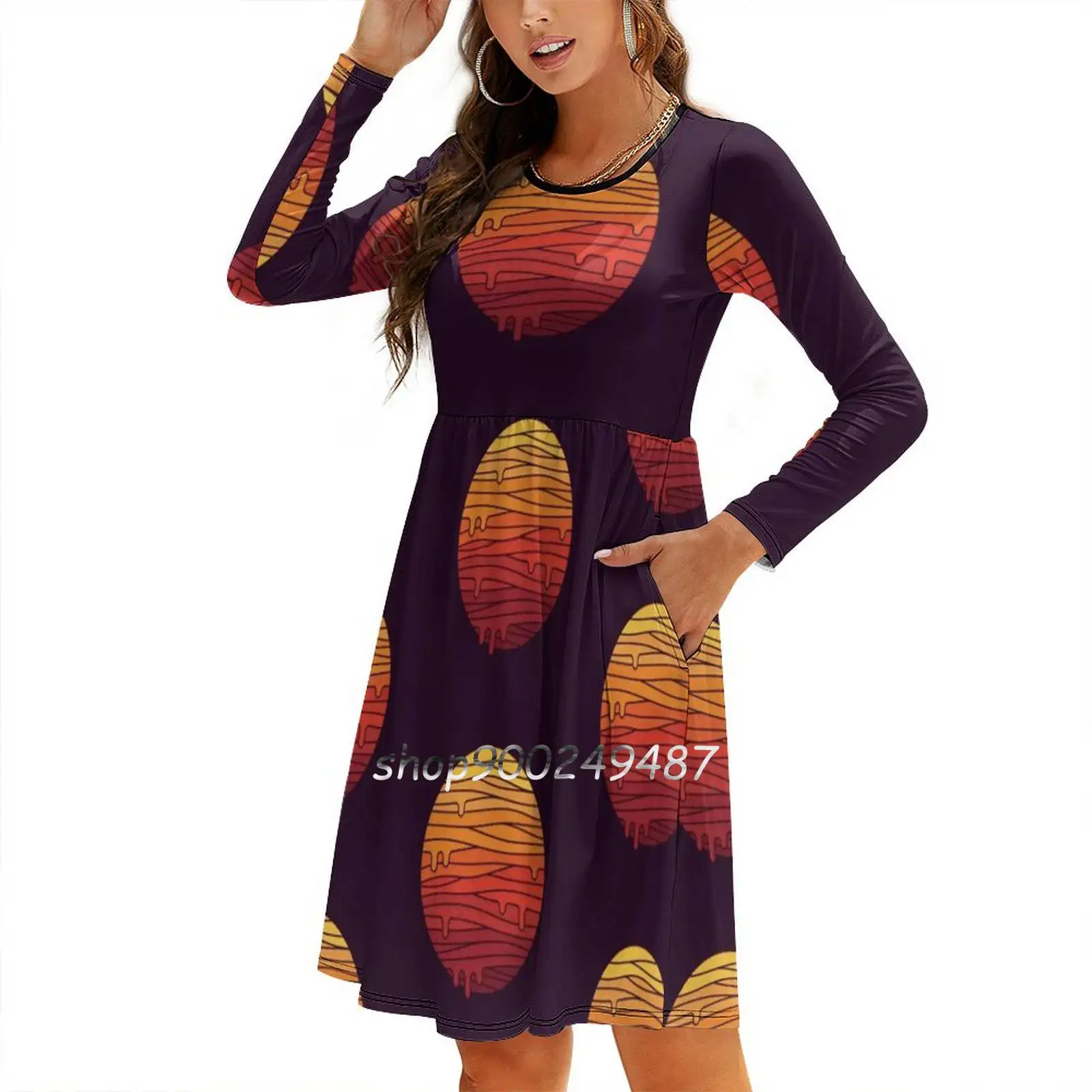 Расклешенное платье с тепловой волной. Разноцветные стили. Платье принтом.