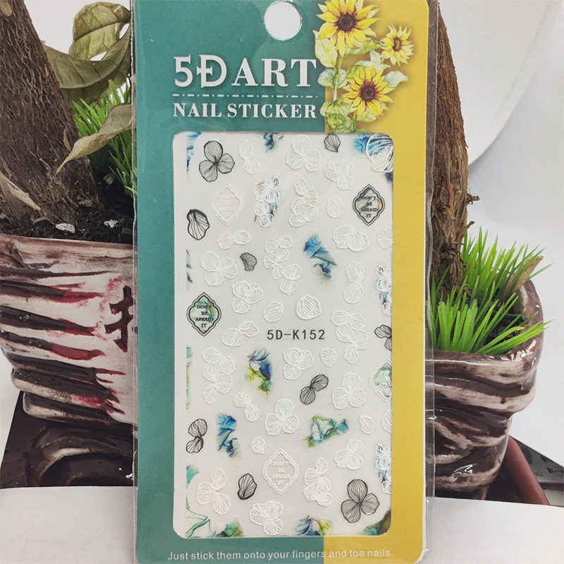 

5D наклейки для ногтей, черные, белые листья, цветы, буквы, украшения для дизайна ногтей, стереоскопическая наклейка, аксессуары, дизайн с эфф...