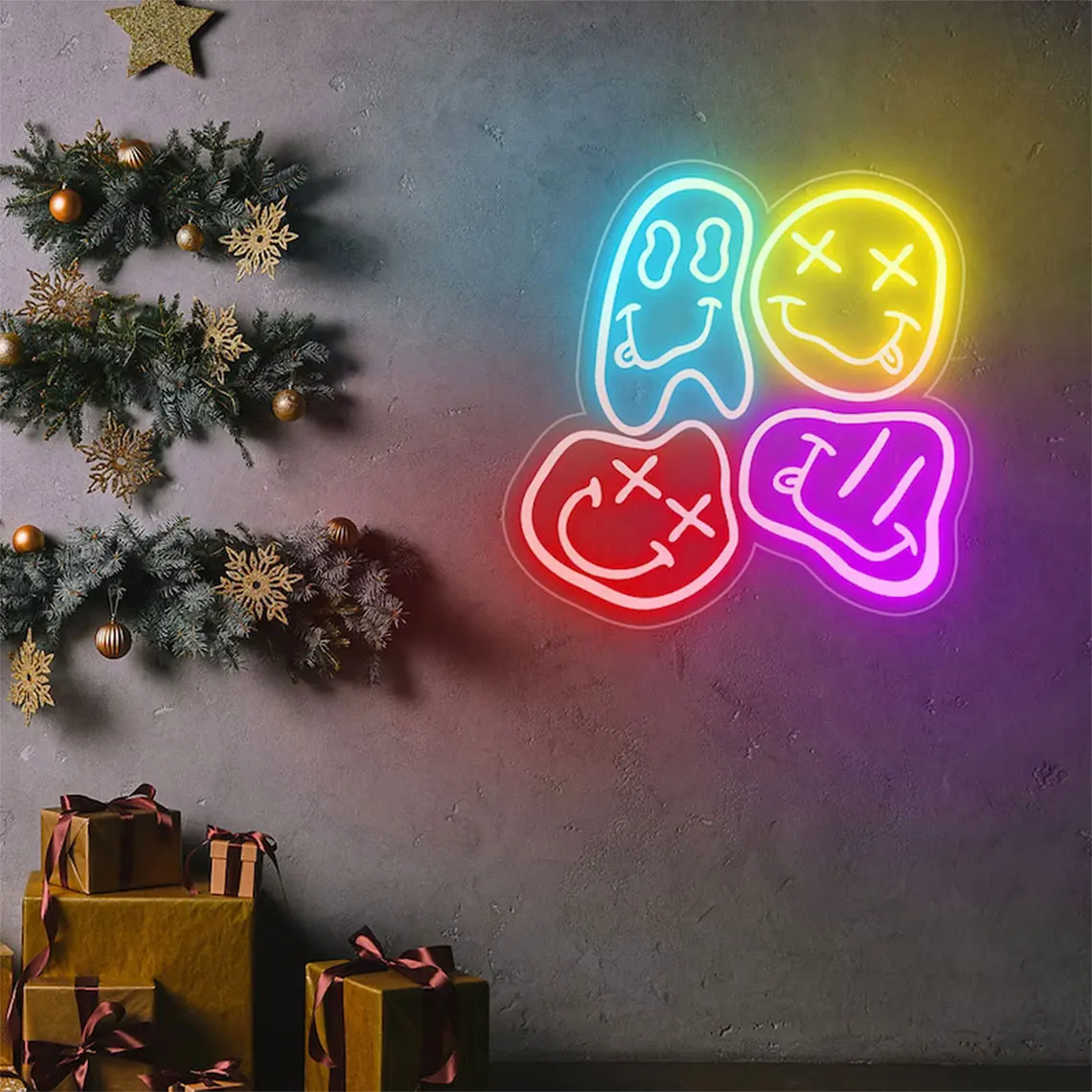 

Distorted Smile Face Neon Led Sign Custom Multi Colors Home Decor Smiley Led Wall Light Art Birthday Party Event Kids Lamp