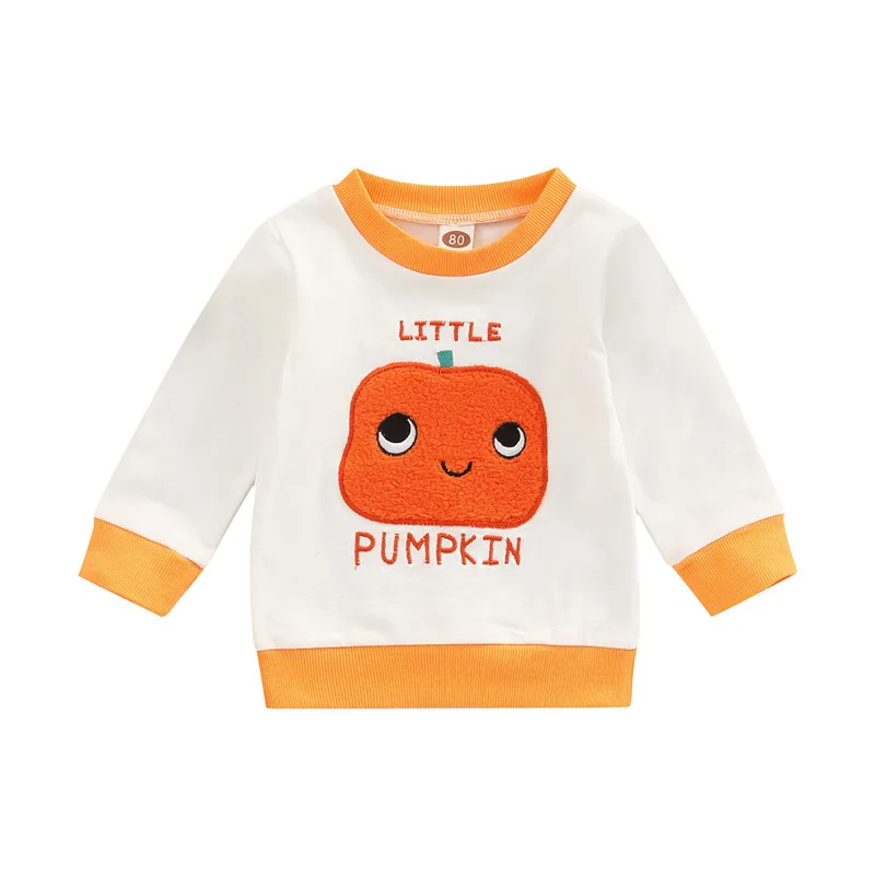 

Kids Halloween Sweatshirt 1-6 Years Children Patch Embroidered Cartoon Pumpkin Letter Long Sleeve Round Neck Pullover Tops Fall