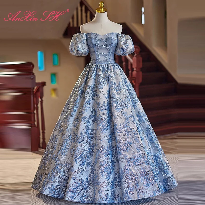 Фото Вечернее платье AnXin SH Princess из серого атласа с вырезом-лодочкой, синими цветочными аппликациями, пышными рукавами, блестящее, для сцены, бальное, на шнуровке, для вечеринок, на заказ №1