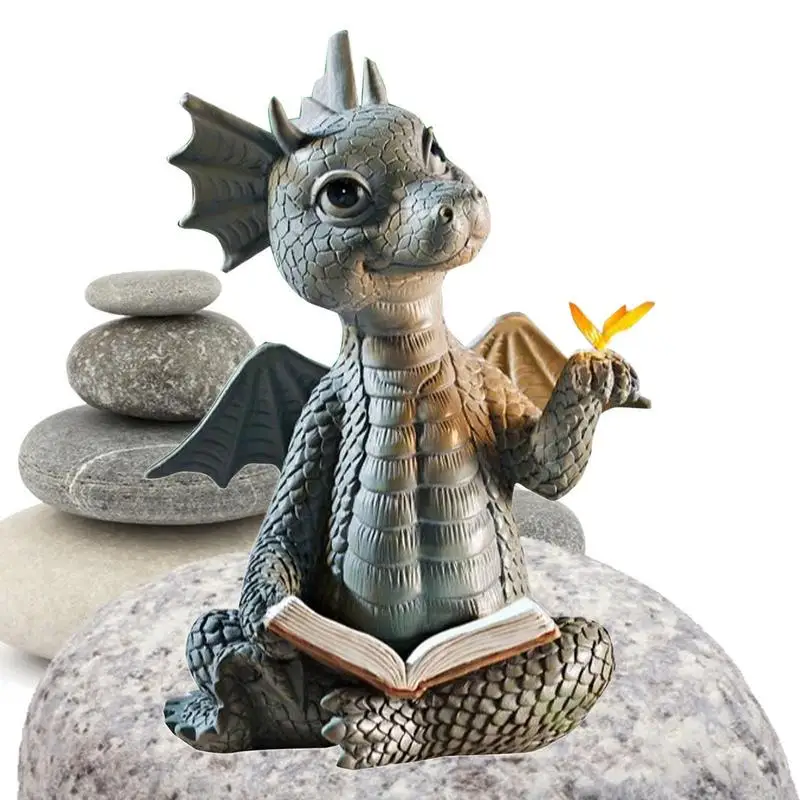

Little Dragon Dinosaur Meditation Reading Book Sculpture Figure Garden Home Decor Resin Ornament