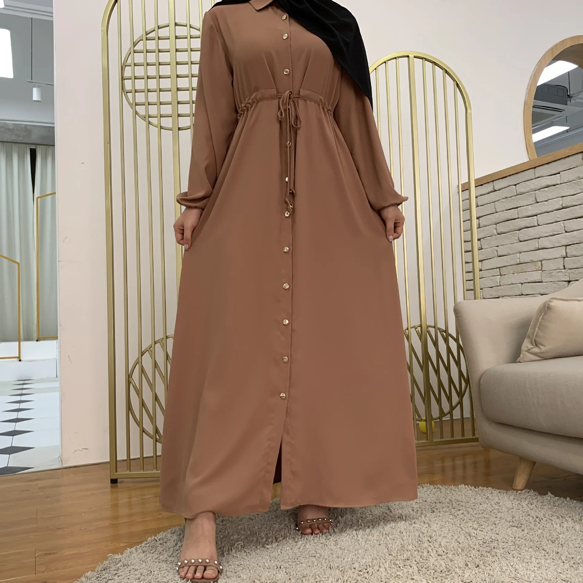 Мусульманское платье Wepbel, Арабская абайя, Djellaba, отворот, однотонное, на пуговицах, тонкое платье, длинный рукав, мусульманская одежда, халат, ...