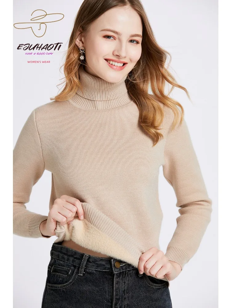 

Sweater Women Undershirt Plush and Thicken Pullover Slim Fitting High Neck Winter Korean Version Knit Shirt Ladies Warm Clothing