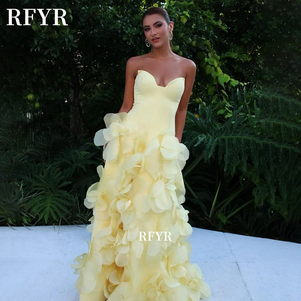 Фото Платье RFYR Mermaid Pom с 3D цветами, вечернее платье-русалка, желтое платье Sweetheart для торжественных мероприятий, вечернее платье для арабских женщин, на заказ №1