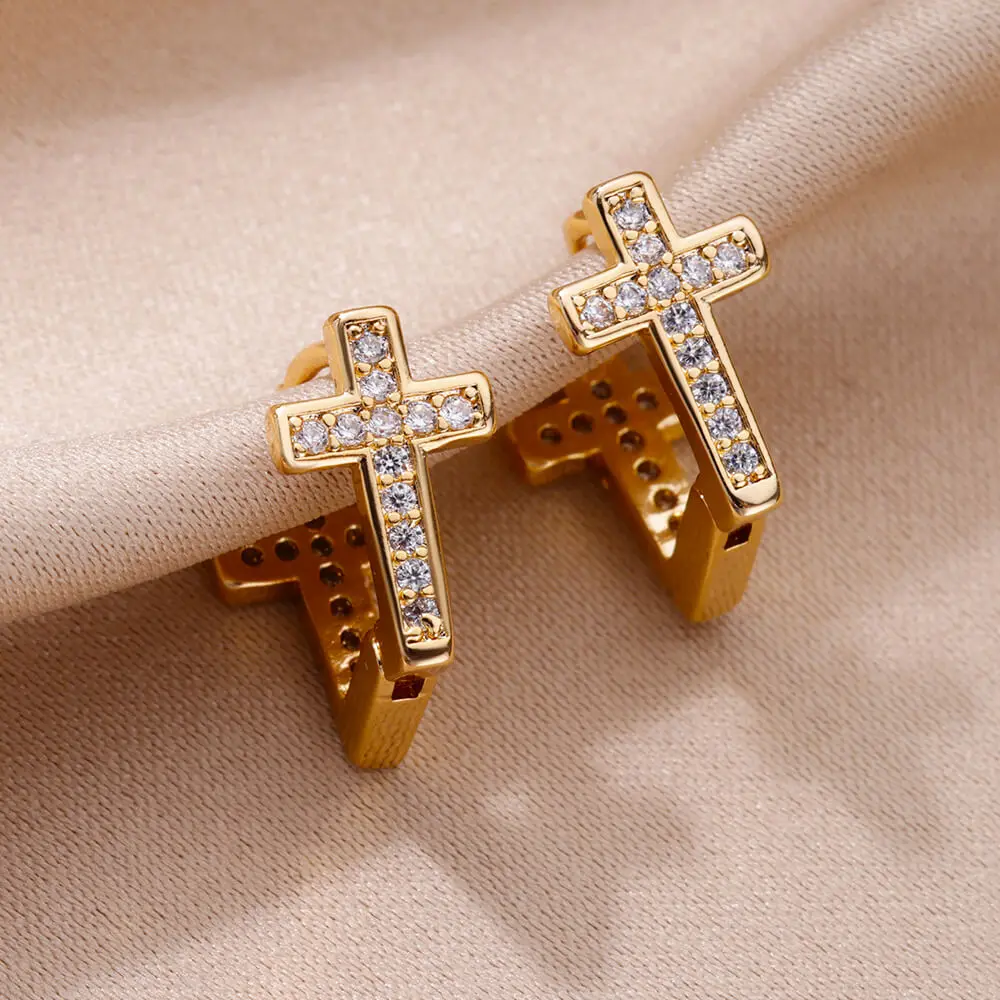 

Zircon Cross Earrings For Women Girls Stainless Steel Gold Color Crystal Stud Earring Party Religion Christmas Jewelry Gift
