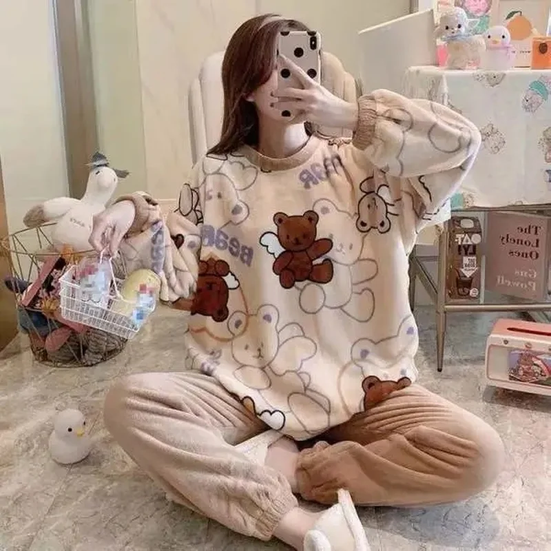 

Милая зимняя женская пижама FAKUNTN, домашний костюм, Фланелевая пижама, одежда для сна, одежда для отдыха, осенний комплект для спальни, пижама,...