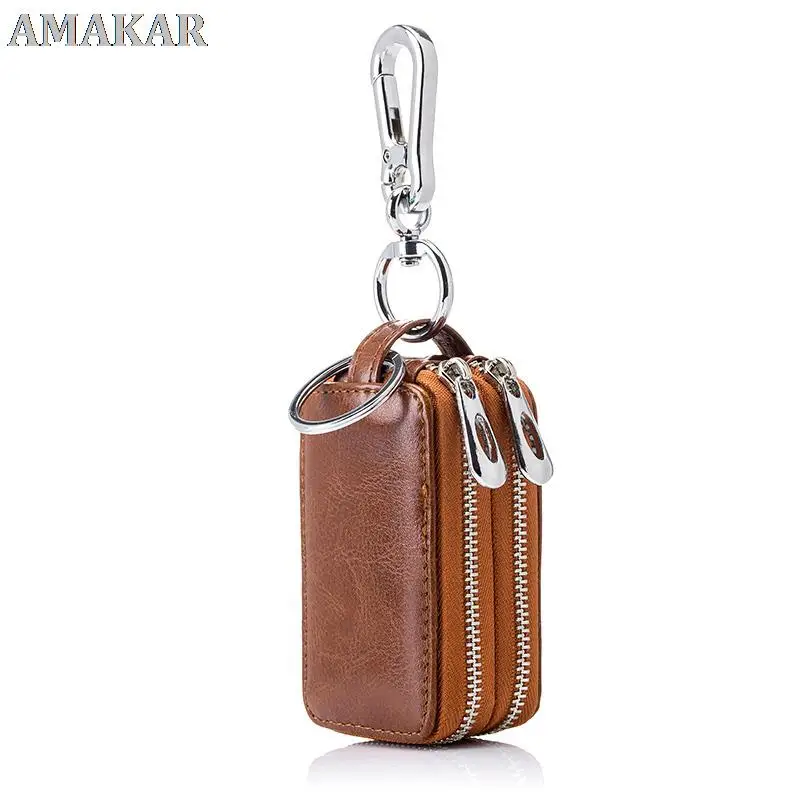 

Genuine Cow Leather Home Car Keys' Bag Double Pocket Zipper Mini Wallet Earth Yellow Men Women's Key Holder Transparent Pocket