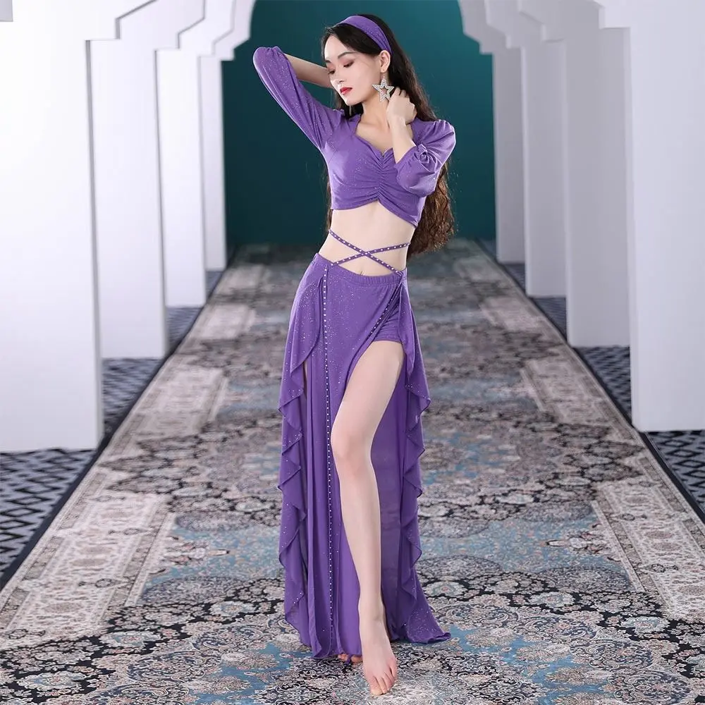 

2Pcs/Set Fashion Shiny Show Costumes Tassels Bellydancing Wear Outfit Belly Dance Costumes Half Sleeves Top Dancer Skirt